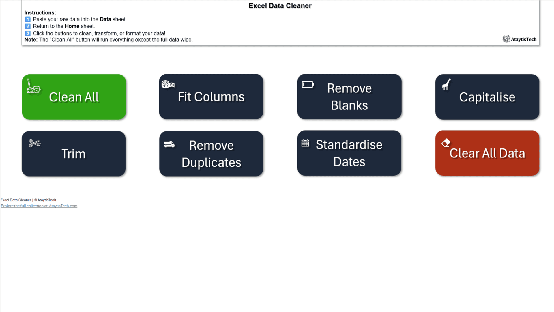 Excel Data Cleaner workbook — one-click cleanup buttons on the Home sheet