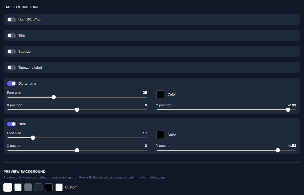 Live Clock Gauge customisation panel — labels and timezone options