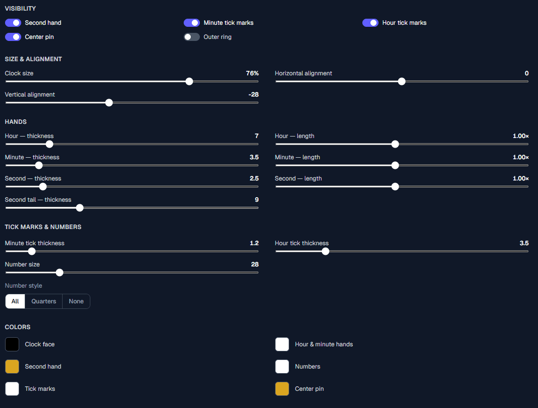 Live Clock Gauge customisation panel — visual style options