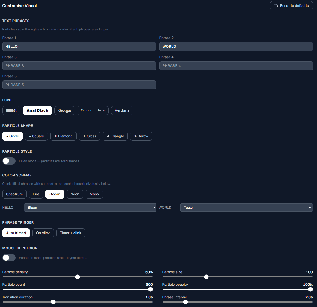 Particle Text Visual customisation panel — text, font, particle style and colour
