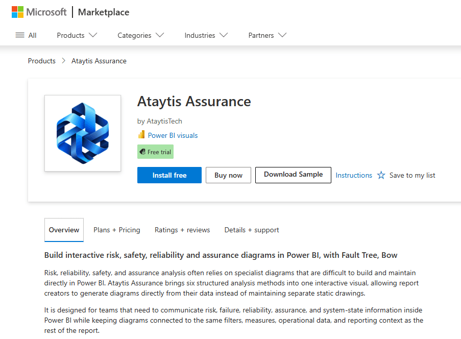 The Ataytis Assurance listing on the Microsoft Marketplace website, by AtaytisTech, with a Free trial badge and Install free, Buy now and Download Sample buttons.