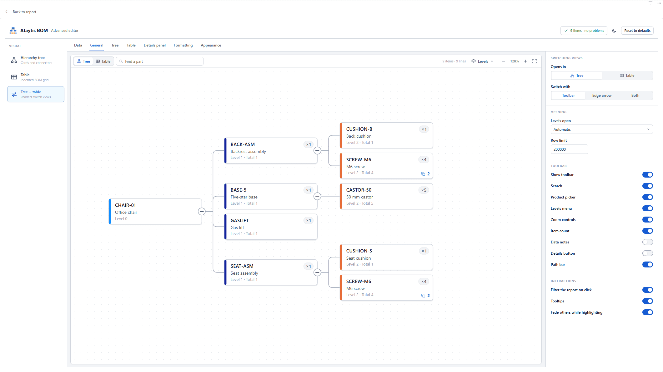 The Ataytis BOM advanced editor on the General tab, with Tree + table selected on the left, an office chair BOM in the preview and the General settings on the right.