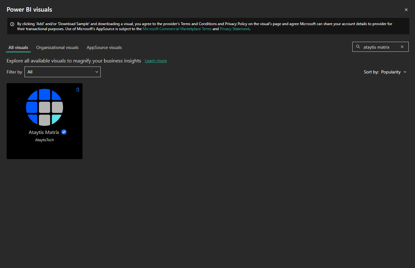 Microsoft Marketplace inside Power BI showing the Ataytis Matrix listing published by AtaytisTech.
