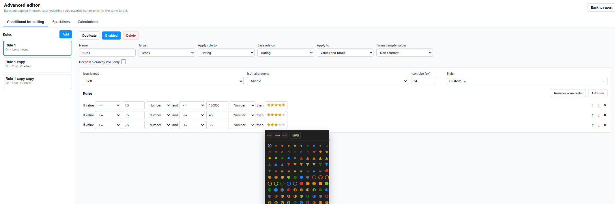 The conditional formatting editor in Ataytis Matrix with a rule using an uploaded SVG icon.