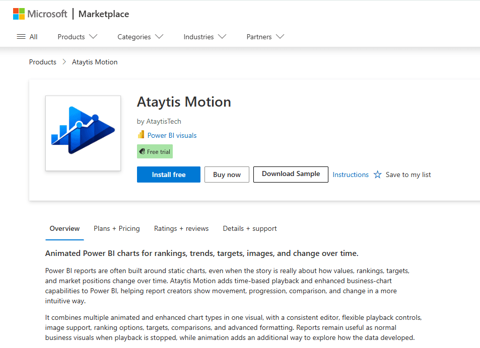 The Ataytis Motion listing on the Microsoft Marketplace website, by AtaytisTech, with a Free trial badge and Install free, Buy now and Download Sample buttons.