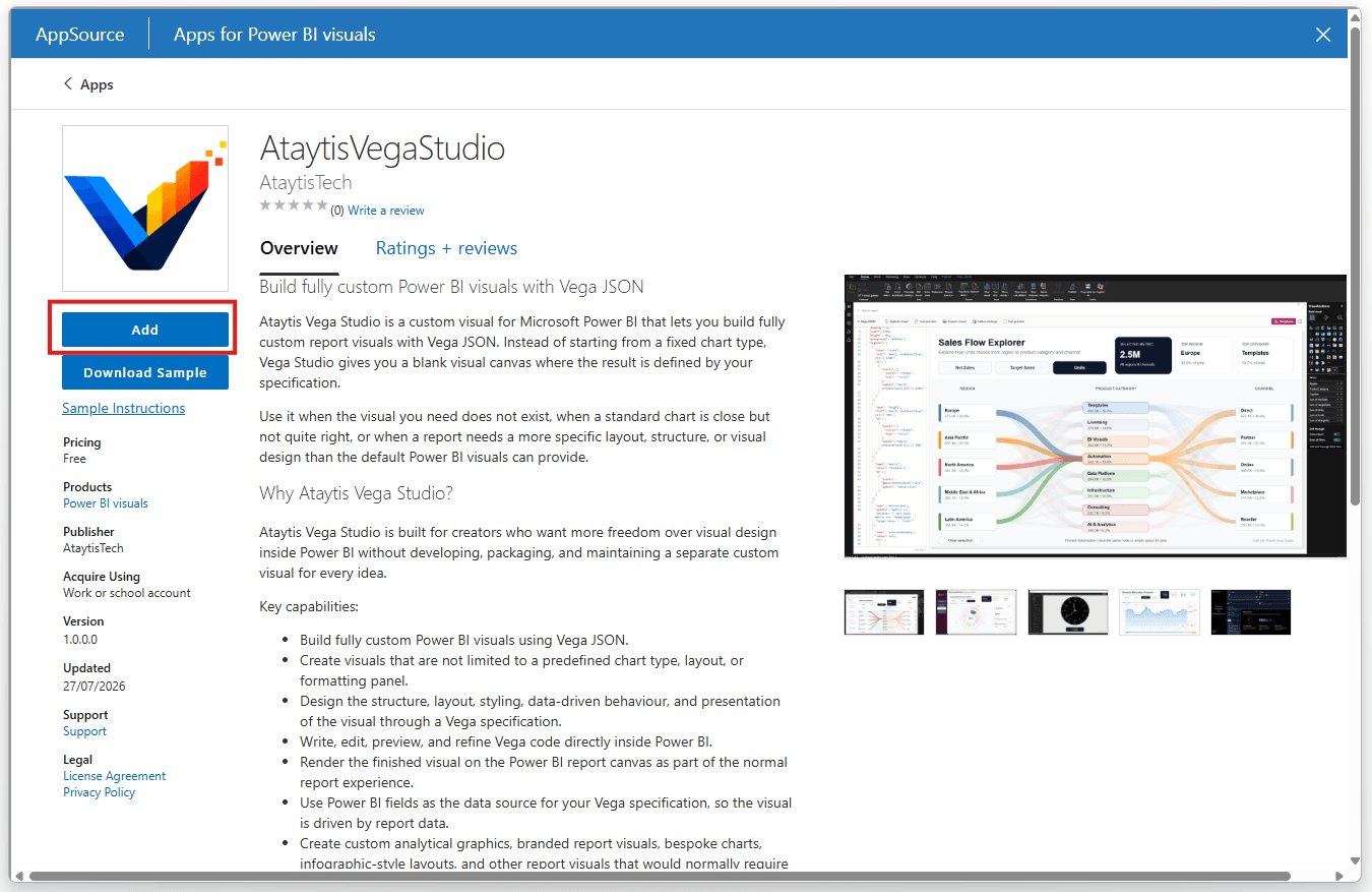 Ataytis Vega Studio marketplace listing with the Add button visible.