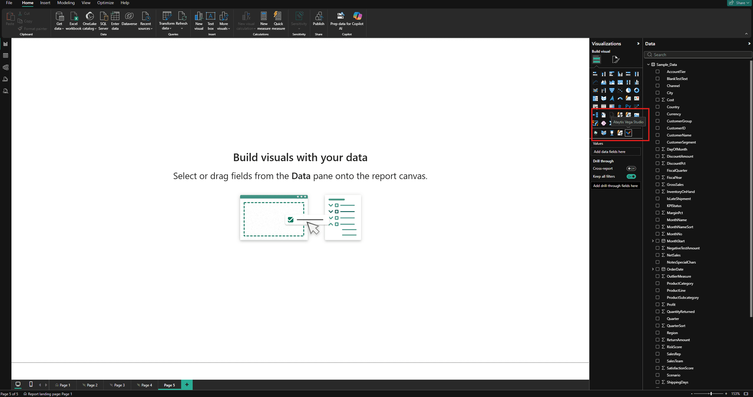 Ataytis Vega Studio icon installed and highlighted in the Power BI Visualizations pane.