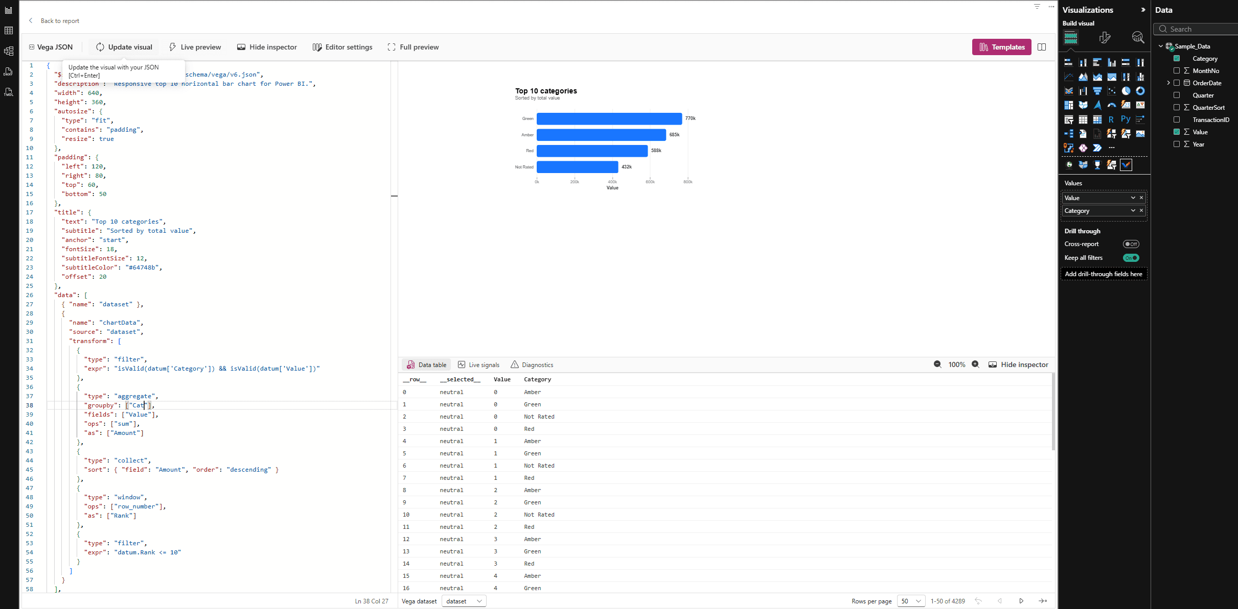 Power BI Values fields compared with matching columns in the Ataytis Vega Studio Data table.