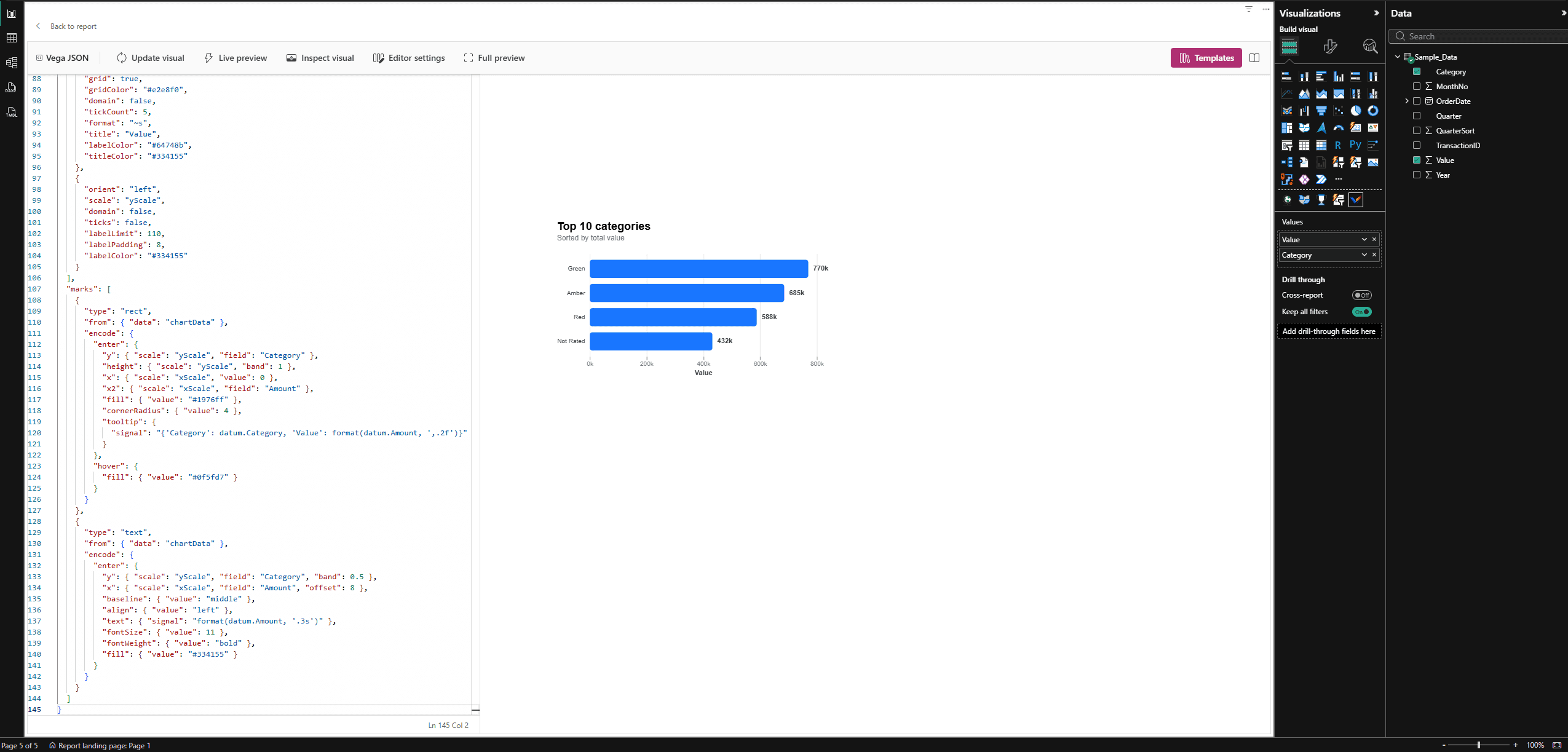 A simple Vega bar chart rendered in Ataytis Vega Studio beside its JSON specification.