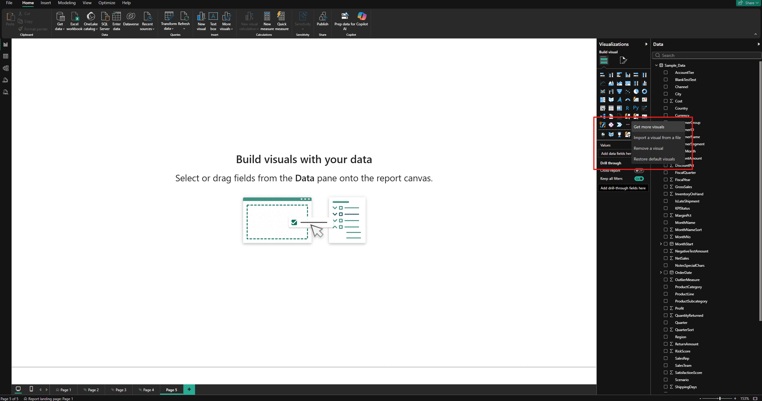 Power BI Desktop Visualizations pane with Get more visuals highlighted in the visual menu.