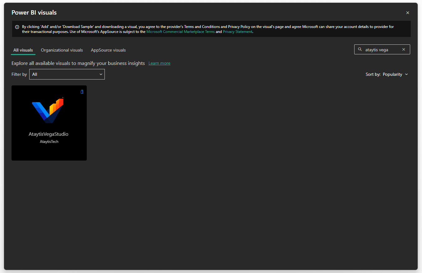 Microsoft Marketplace inside Power BI showing search results for Ataytis Vega Studio.