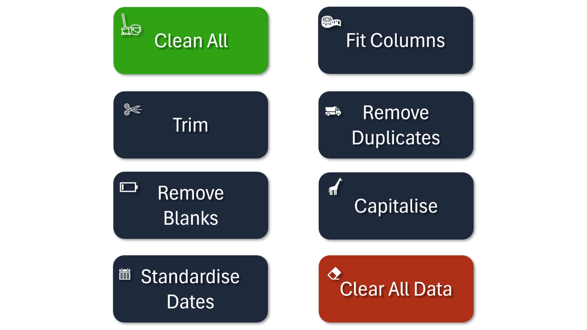 All individual cleanup buttons on the Excel Data Cleaner Home sheet