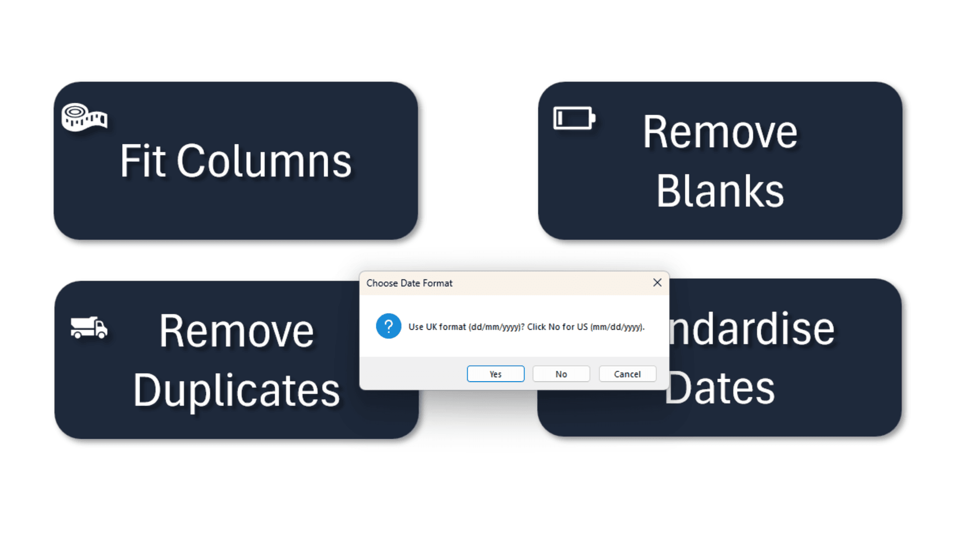 Date format selection — UK or US format in Excel Data Cleaner