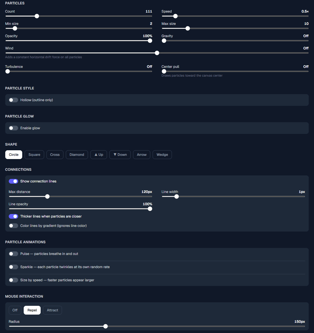 Particle Screen customisation panel — particles and connections