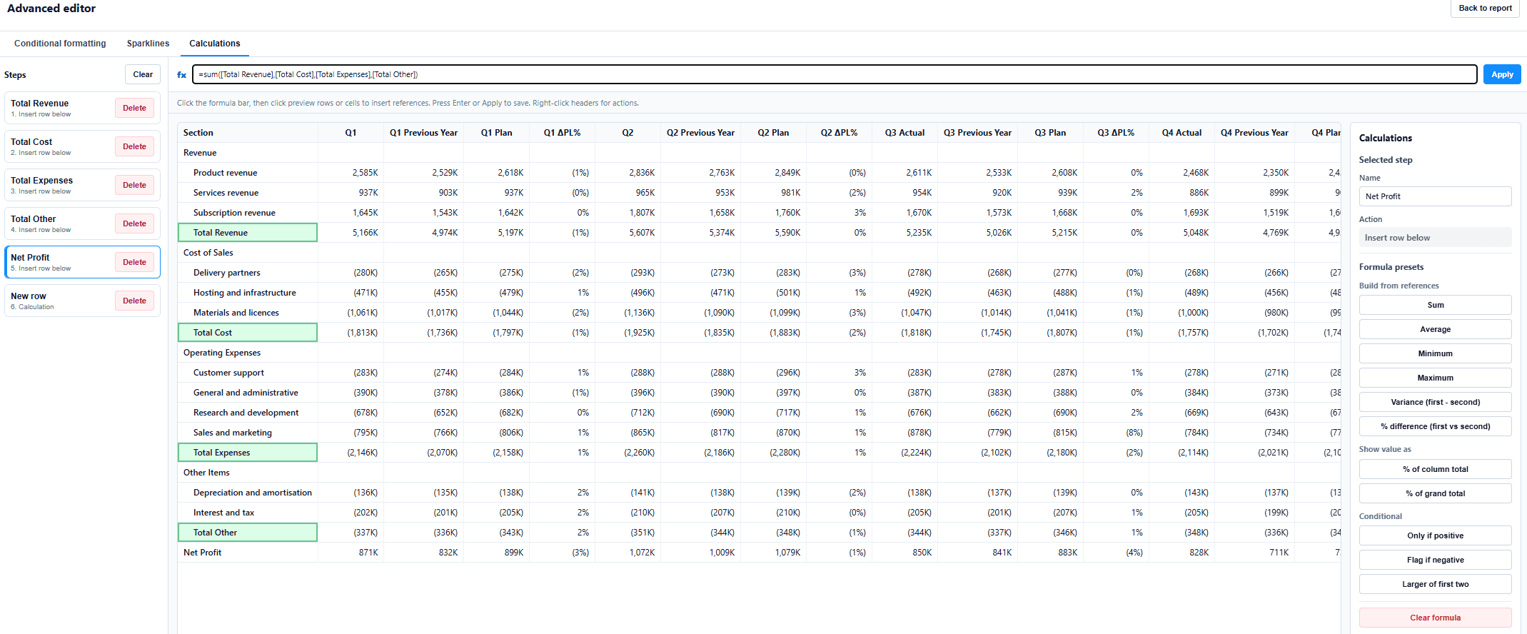 The calculations view in Ataytis Matrix with a formula being entered for a newly inserted row.